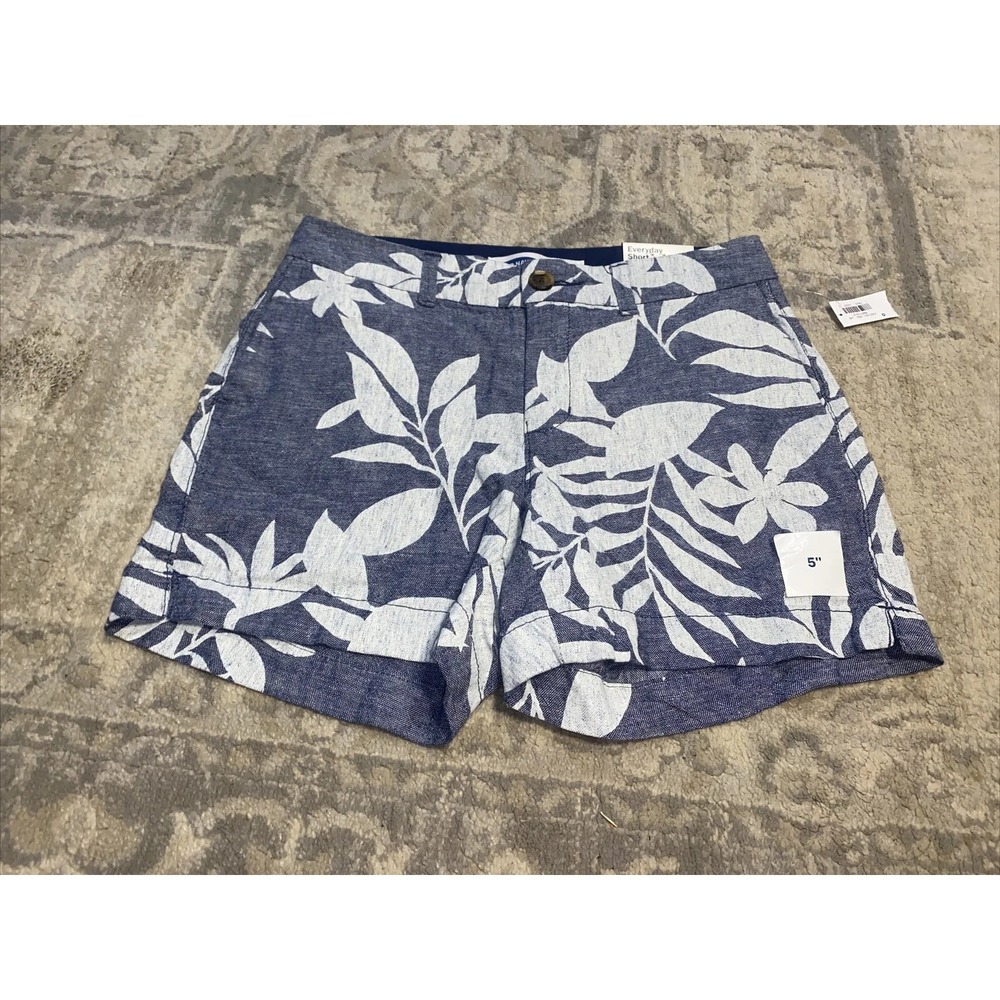 New Old Navy Womens Size 0 Blue White Floral Mid Rise Linen Blend Shorts
